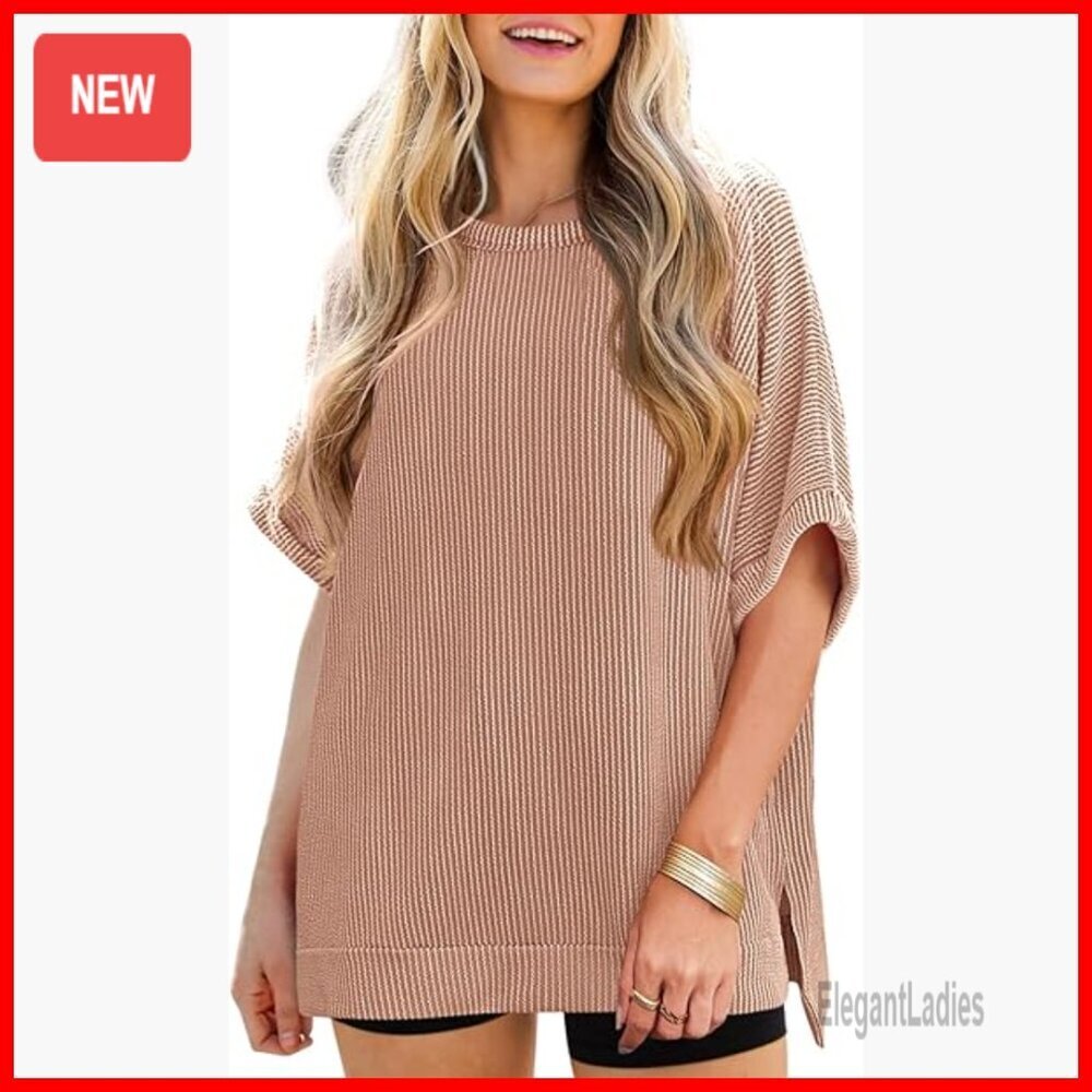 Oversized Ribbed Tunic Top with Dolman Sleeves, Loose Fit Summer Tee